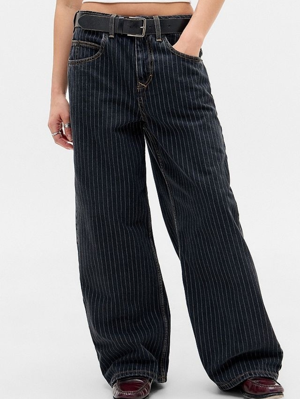 Bdg Jaya Wide Leg Pinstripe Jeans in Black with White Pinstripes 24